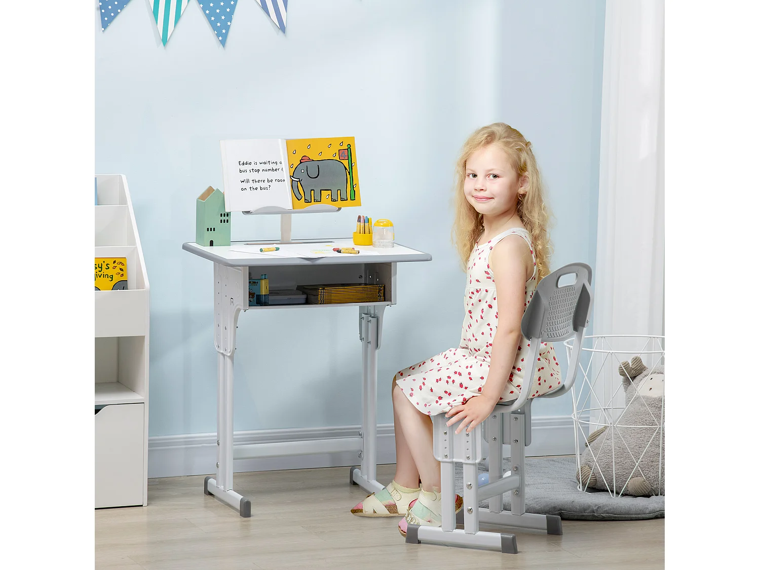 Bureau enfant avec chaise - ensemble bureau et chaise réglable - support de lecture, case - gris blanc