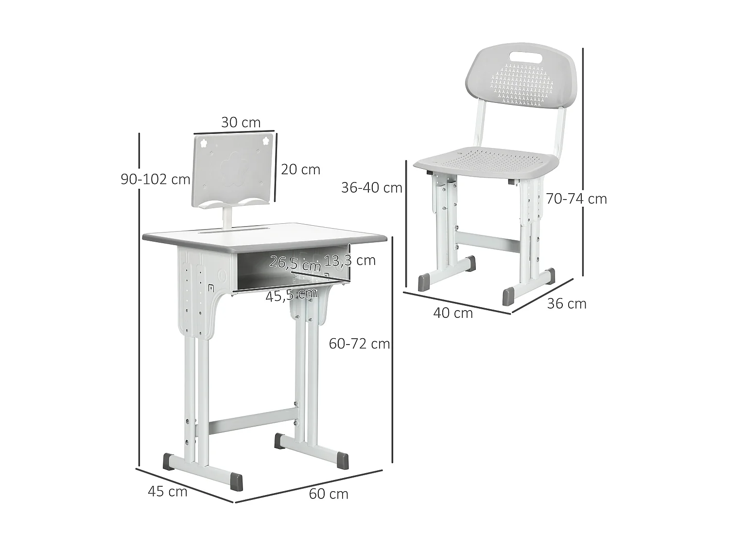 Bureau enfant avec chaise - ensemble bureau et chaise réglable - support de lecture, case - gris blanc