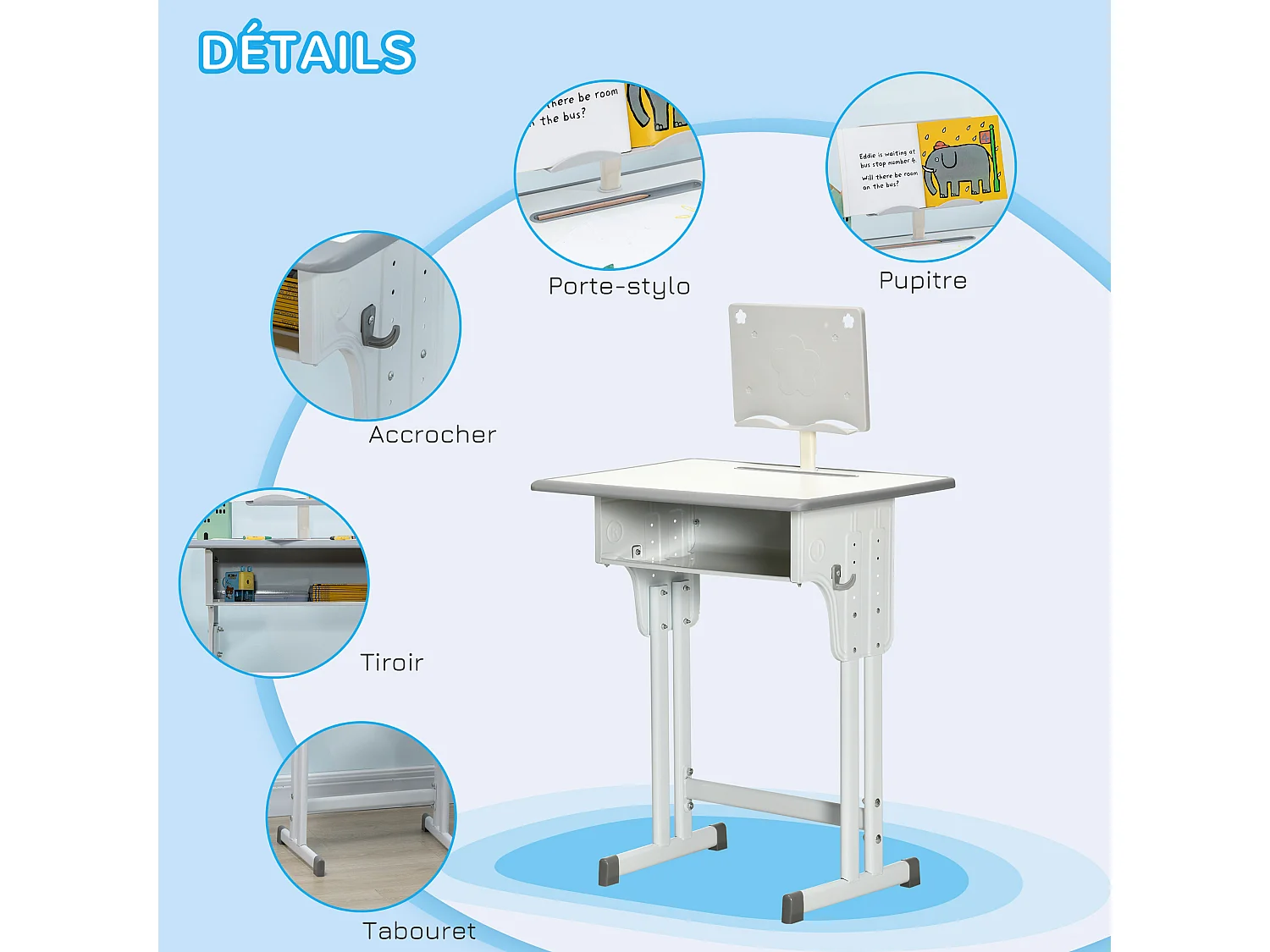 Bureau enfant avec chaise - ensemble bureau et chaise réglable - support de lecture, case - gris blanc