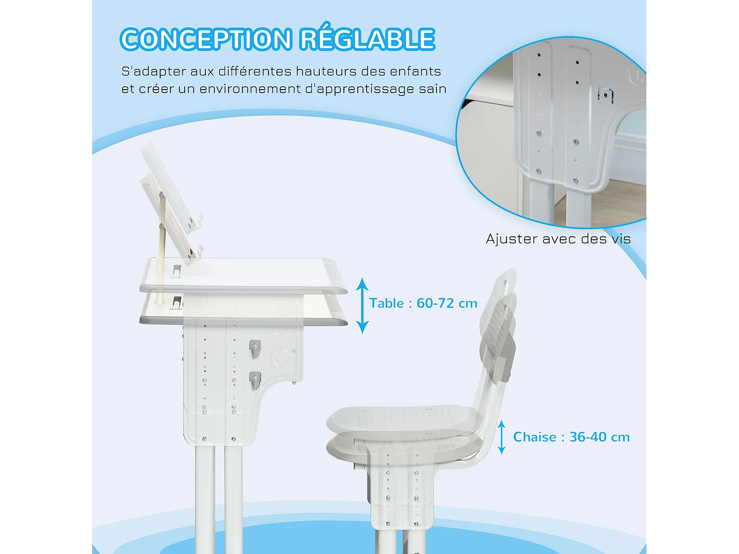 Bureau enfant avec chaise - ensemble bureau et chaise réglable - support de lecture, case - gris blanc