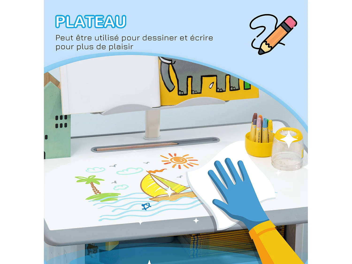 Bureau enfant avec chaise - ensemble bureau et chaise réglable - support de lecture, case - gris blanc