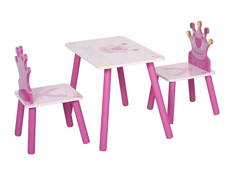 Ensemble table et chaises enfant design princesse motif couronne bois pin MDF rose