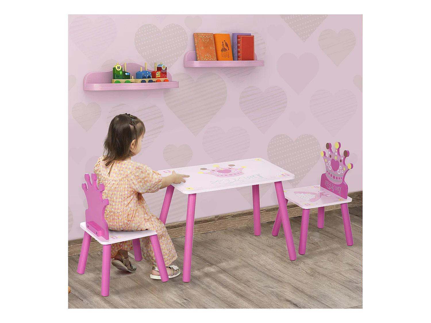 Ensemble table et chaises enfant design princesse motif couronne bois pin MDF rose