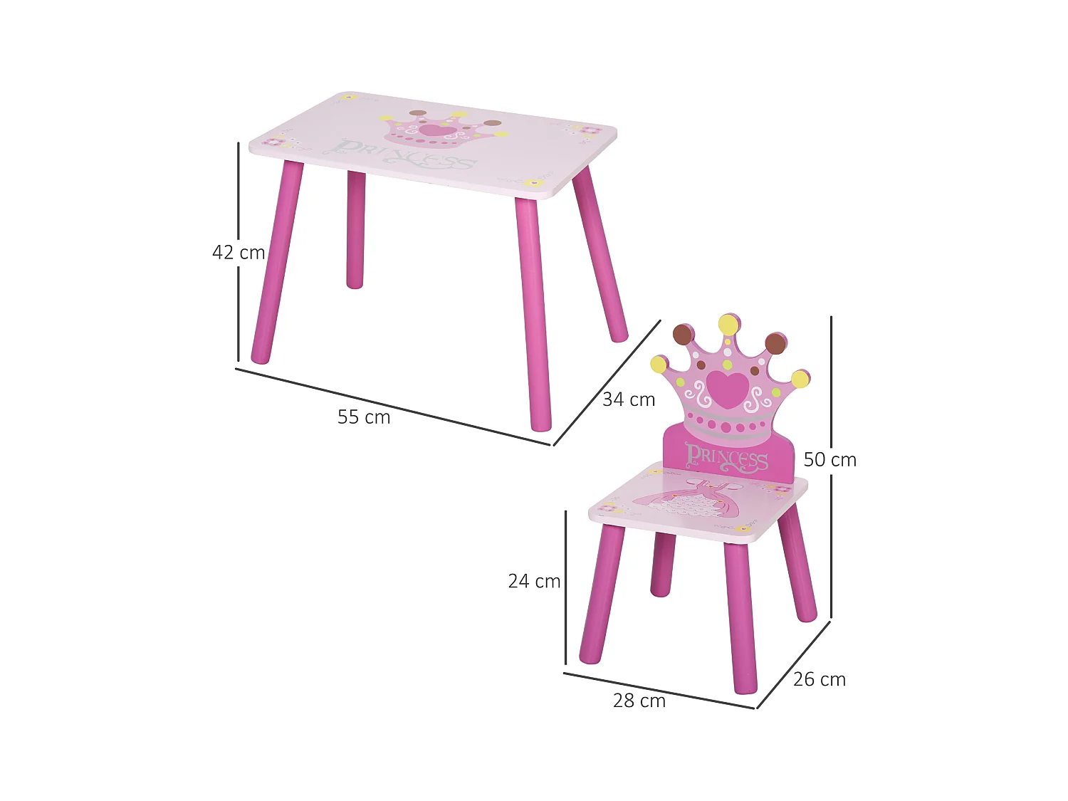 Ensemble table et chaises enfant design princesse motif couronne bois pin MDF rose
