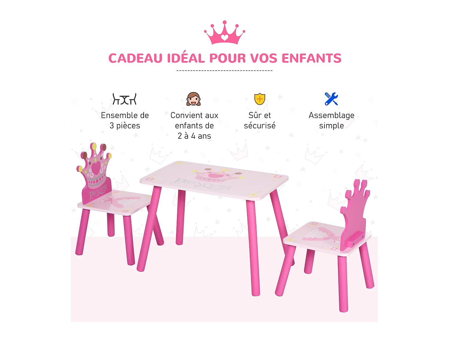 Ensemble table et chaises enfant design princesse motif couronne bois pin MDF rose