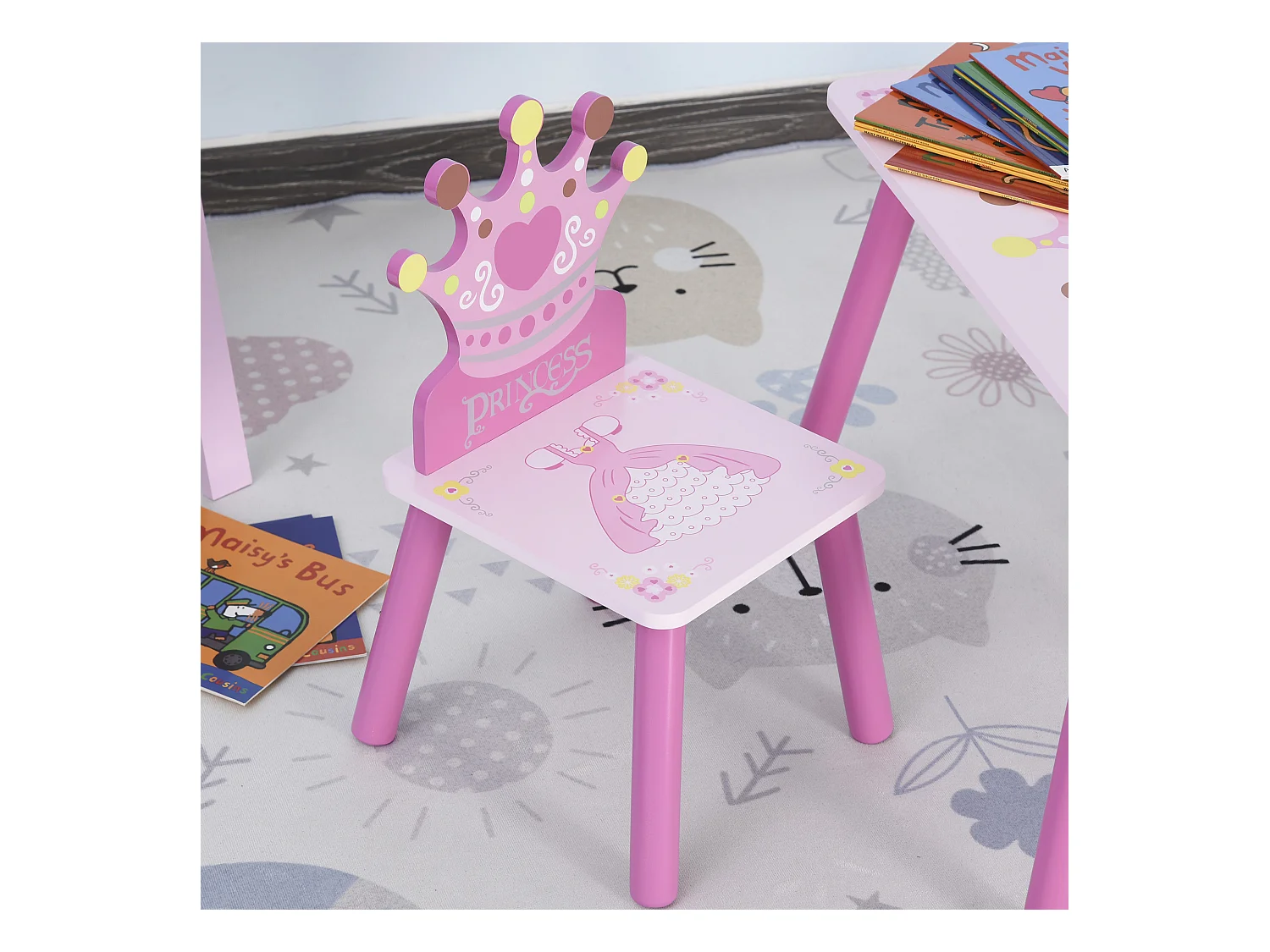 Ensemble table et chaises enfant design princesse motif couronne bois pin MDF rose