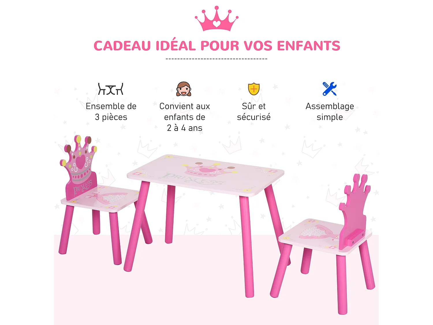 Ensemble table et chaises enfant design princesse motif couronne bois pin MDF rose