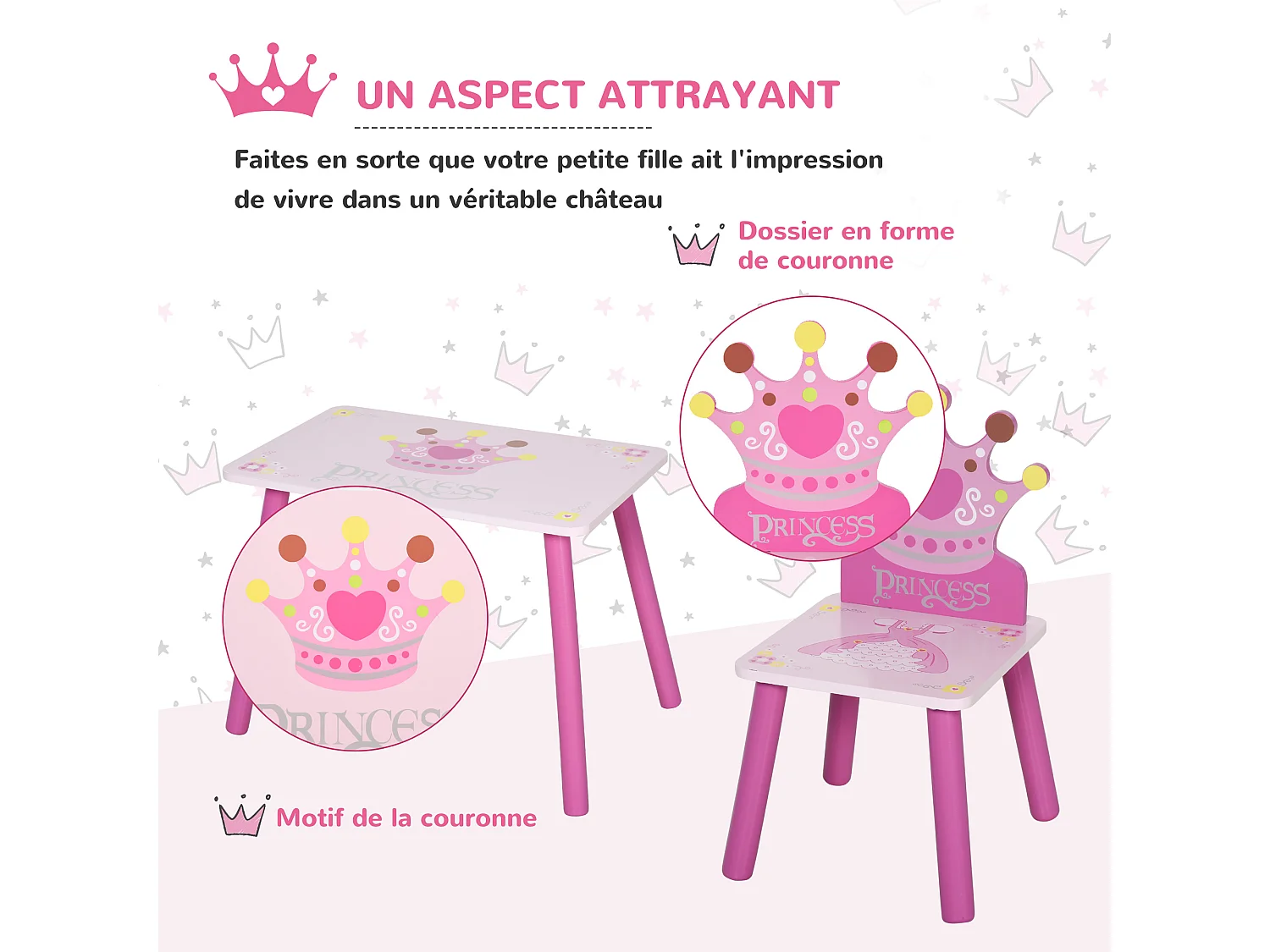 Ensemble table et chaises enfant design princesse motif couronne bois pin MDF rose