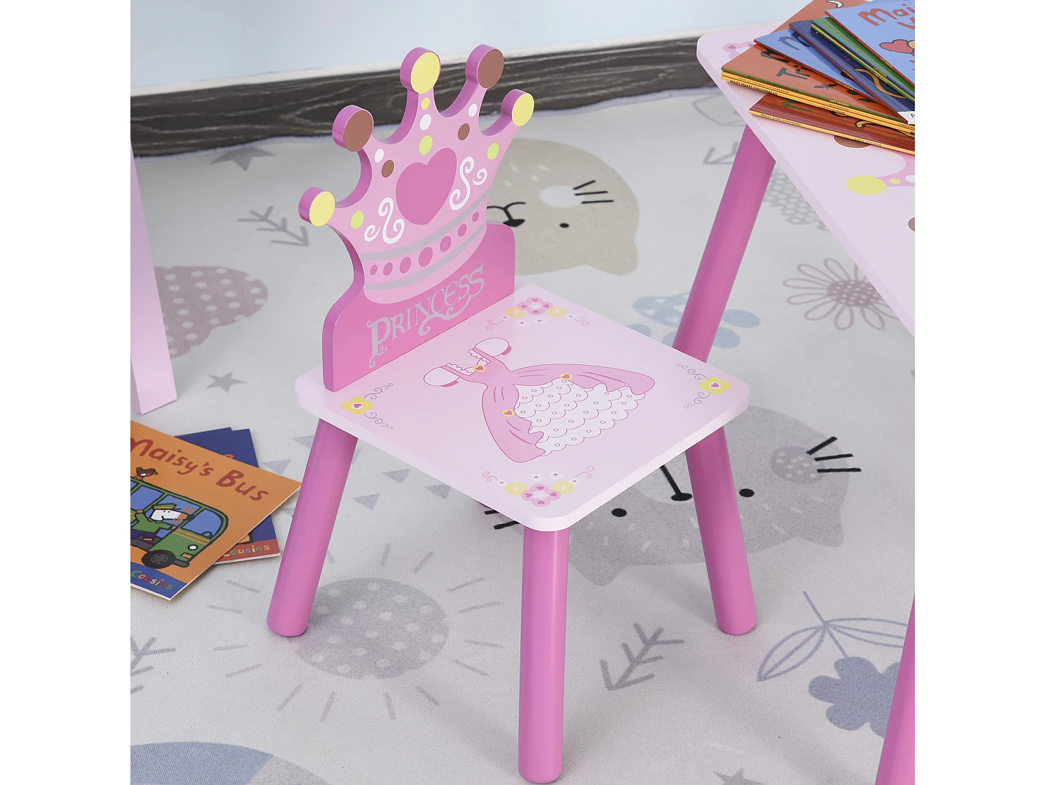 Ensemble table et chaises enfant design princesse motif couronne bois pin MDF rose