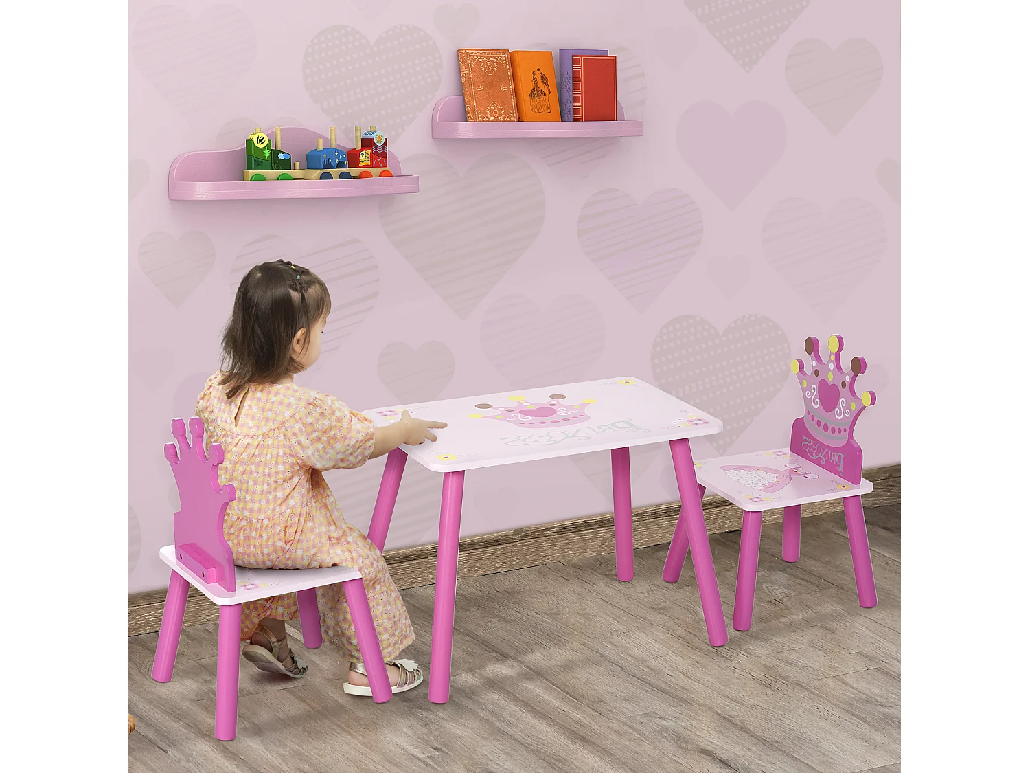 Ensemble table et chaises enfant design princesse motif couronne bois pin MDF rose