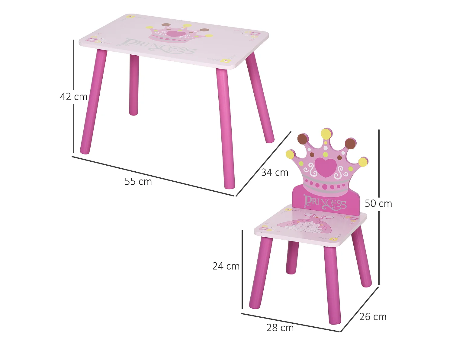 Ensemble table et chaises enfant design princesse motif couronne bois pin MDF rose