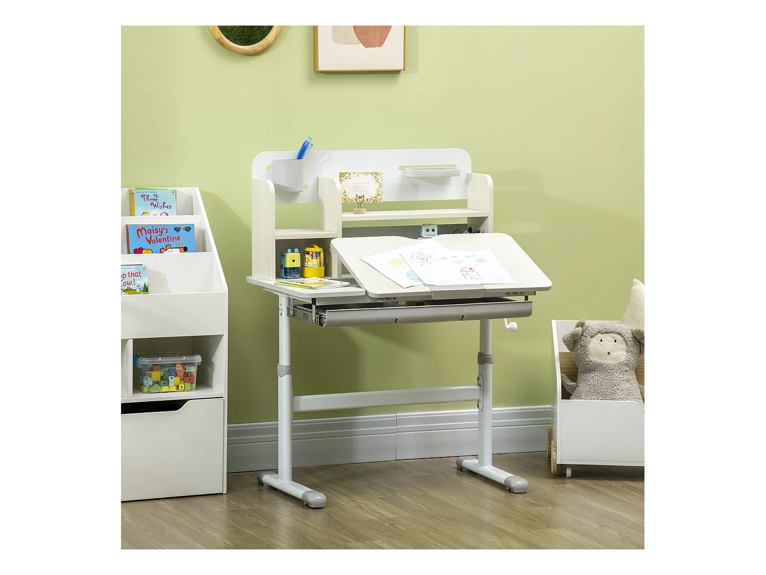 Bureau enfant multi-rangement - bureau hauteur réglable, plateau inclinable - 3 étagères, 2 niches, pot crayon, tablette coulissante à rangement - gris blanc