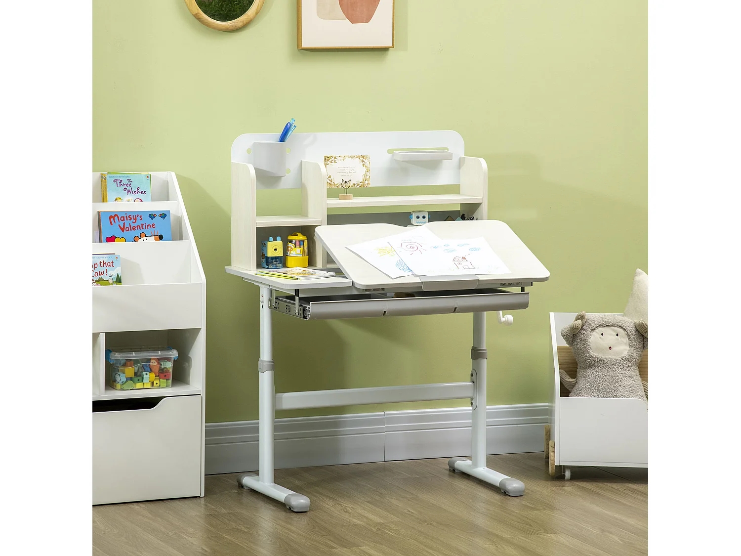 Bureau enfant multi-rangement - bureau hauteur réglable, plateau inclinable - 3 étagères, 2 niches, pot crayon, tablette coulissante à rangement - gris blanc