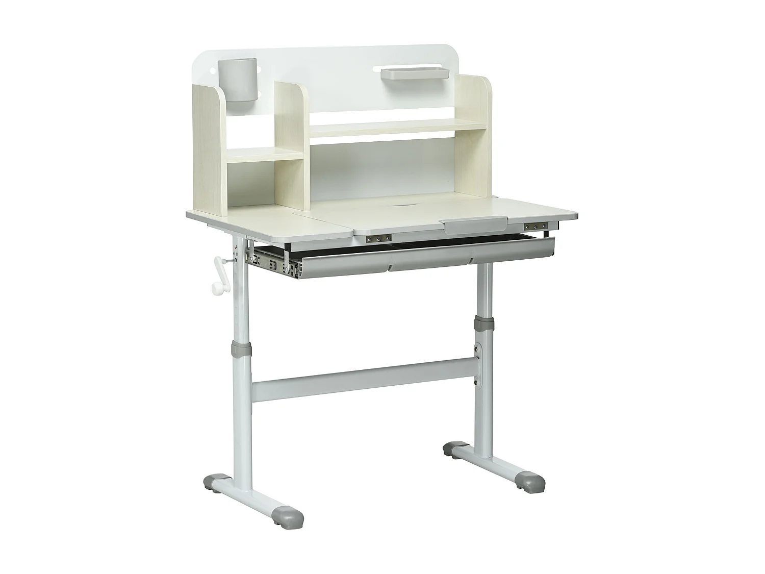 Bureau enfant multi-rangement - bureau hauteur réglable, plateau inclinable - 3 étagères, 2 niches, pot crayon, tablette coulissante à rangement - gris blanc