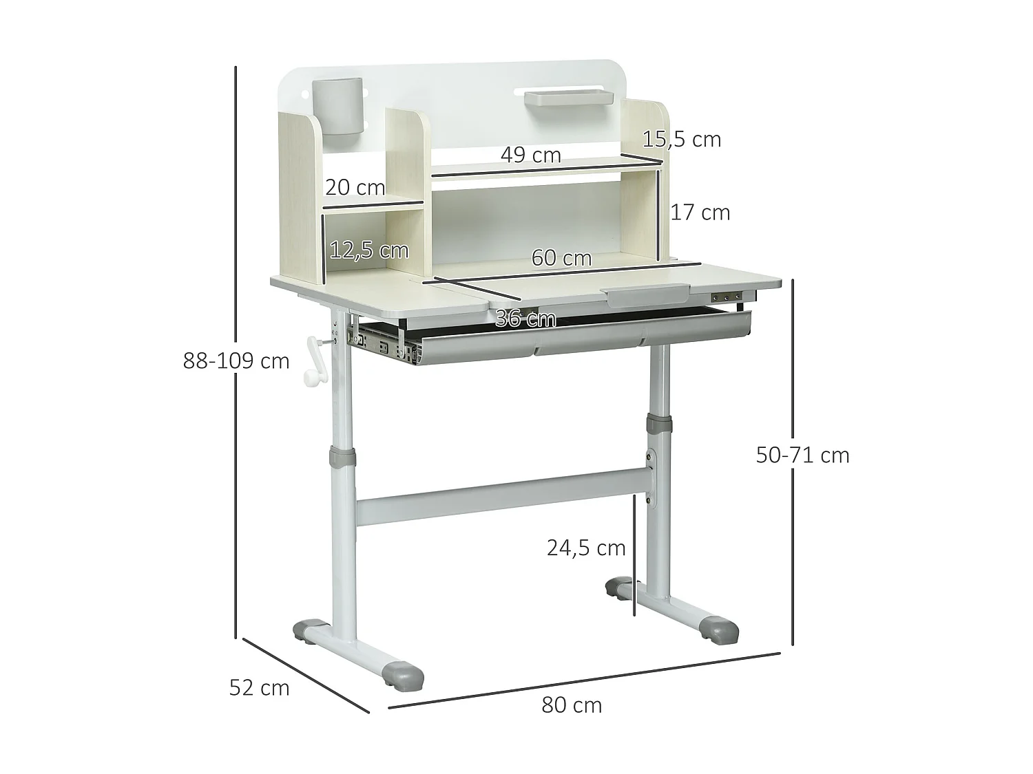 Bureau enfant multi-rangement - bureau hauteur réglable, plateau inclinable - 3 étagères, 2 niches, pot crayon, tablette coulissante à rangement - gris blanc