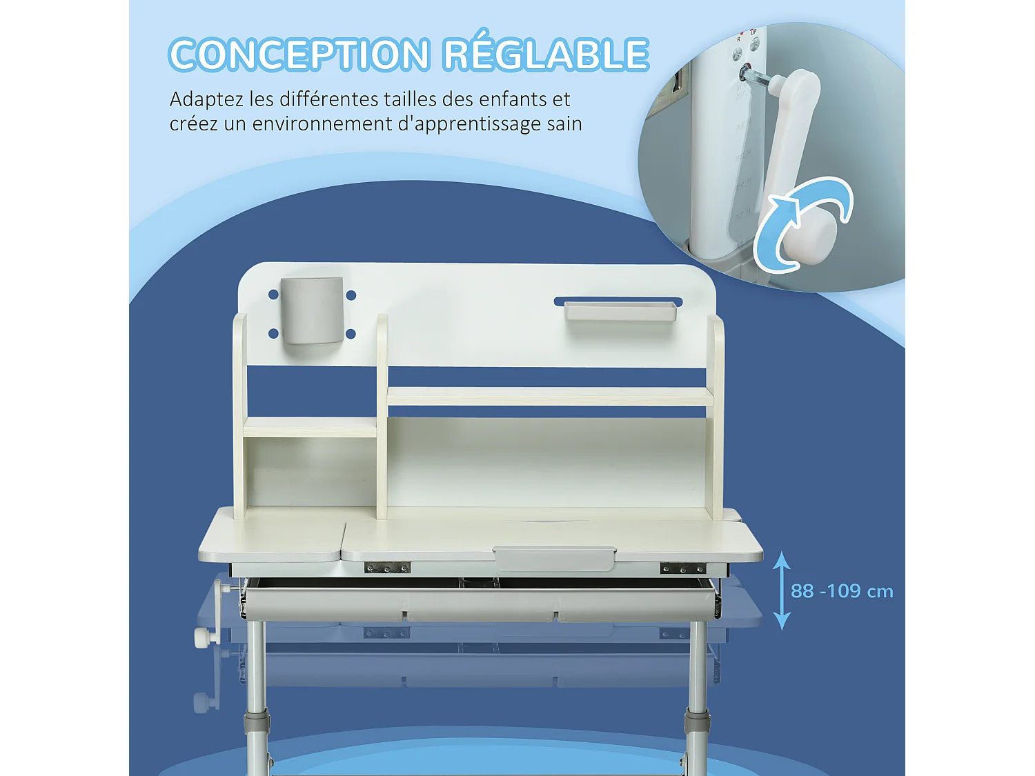 Bureau enfant multi-rangement - bureau hauteur réglable, plateau inclinable - 3 étagères, 2 niches, pot crayon, tablette coulissante à rangement - gris blanc