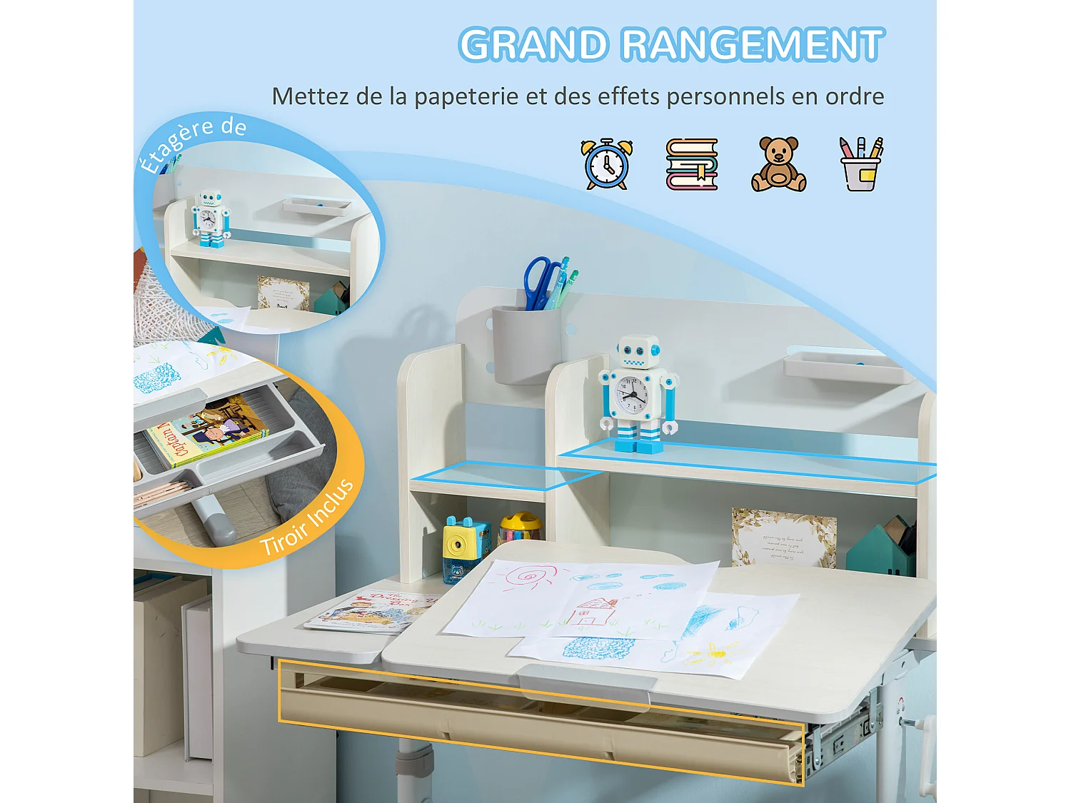 Bureau enfant multi-rangement - bureau hauteur réglable, plateau inclinable - 3 étagères, 2 niches, pot crayon, tablette coulissante à rangement - gris blanc