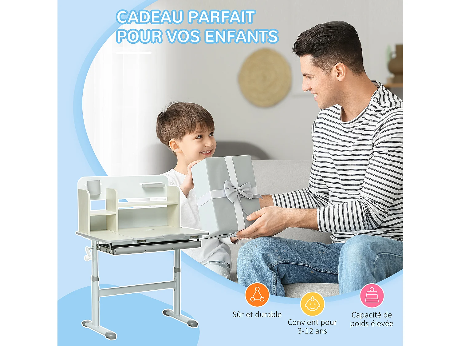 Bureau enfant multi-rangement - bureau hauteur réglable, plateau inclinable - 3 étagères, 2 niches, pot crayon, tablette coulissante à rangement - gris blanc