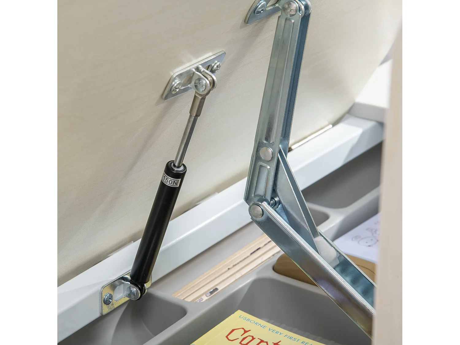 Bureau enfant multi-rangement - bureau hauteur réglable, plateau inclinable - 3 étagères, 2 niches, pot crayon, tablette coulissante à rangement - gris blanc