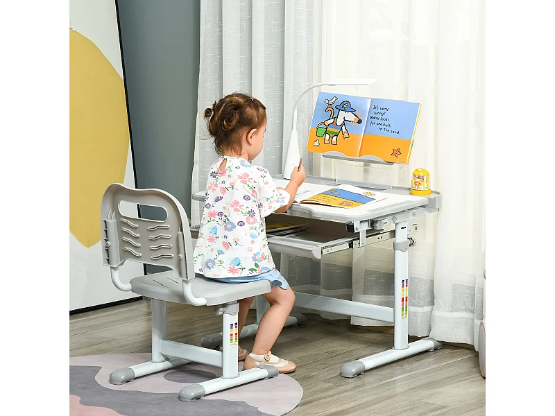 Bureau enfant avec chaise - ensemble bureau et chaise réglable - lampe, support de lecture, tablette coulissante multi-rangement - gris blanc