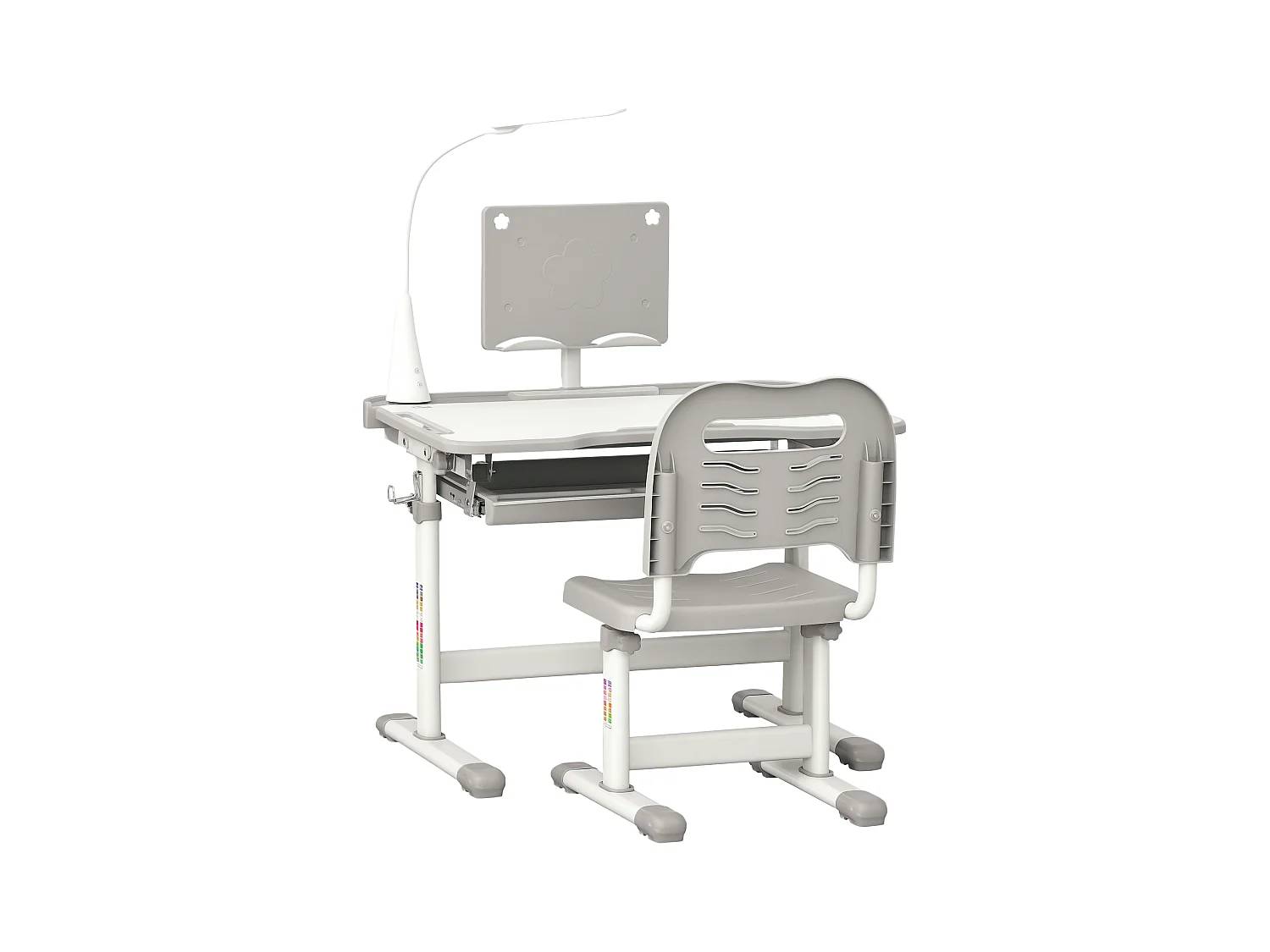 Bureau enfant avec chaise - ensemble bureau et chaise réglable - lampe, support de lecture, tablette coulissante multi-rangement - gris blanc