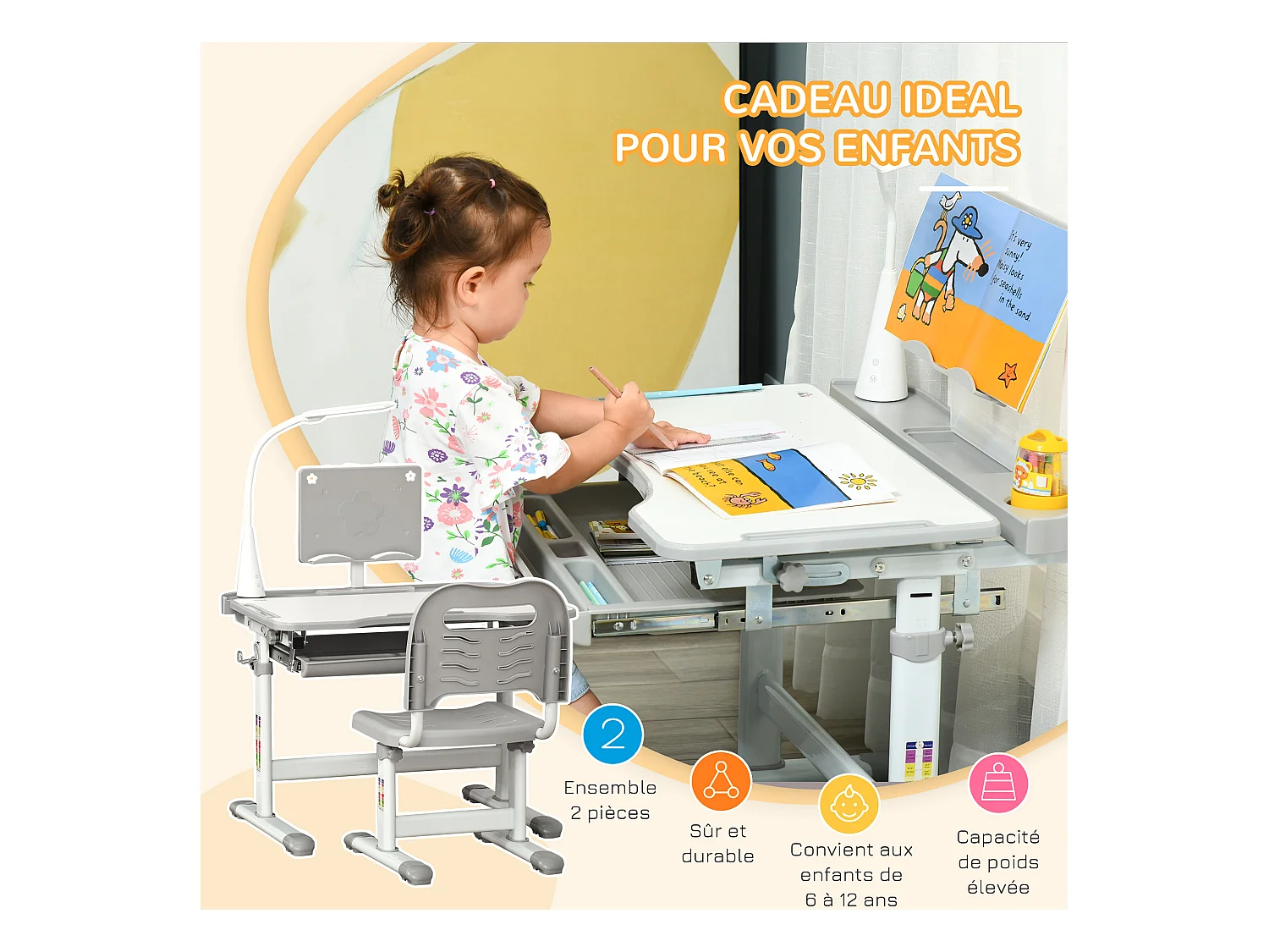 Bureau enfant avec chaise - ensemble bureau et chaise réglable - lampe, support de lecture, tablette coulissante multi-rangement - gris blanc