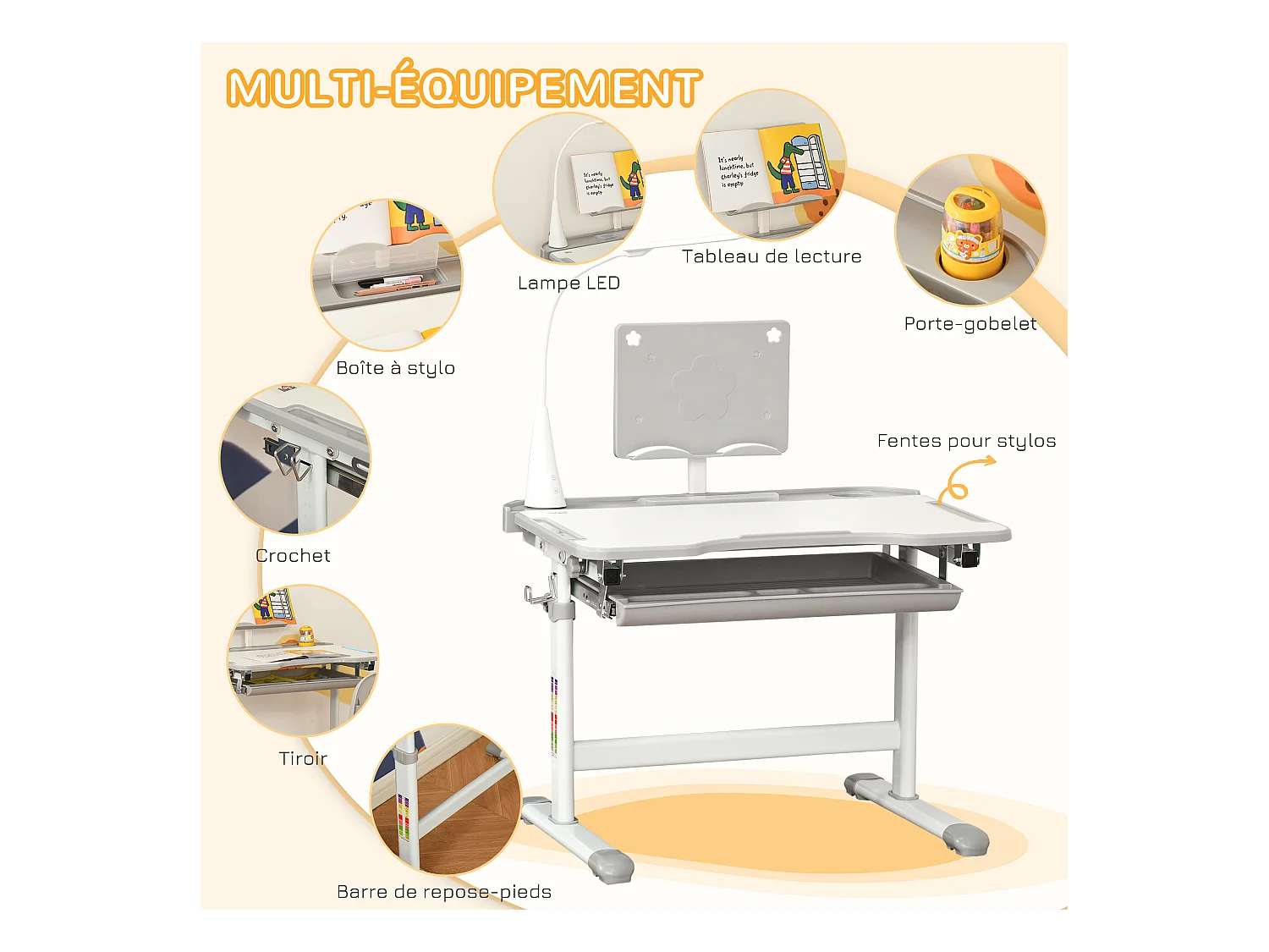 Bureau enfant avec chaise - ensemble bureau et chaise réglable - lampe, support de lecture, tablette coulissante multi-rangement - gris blanc