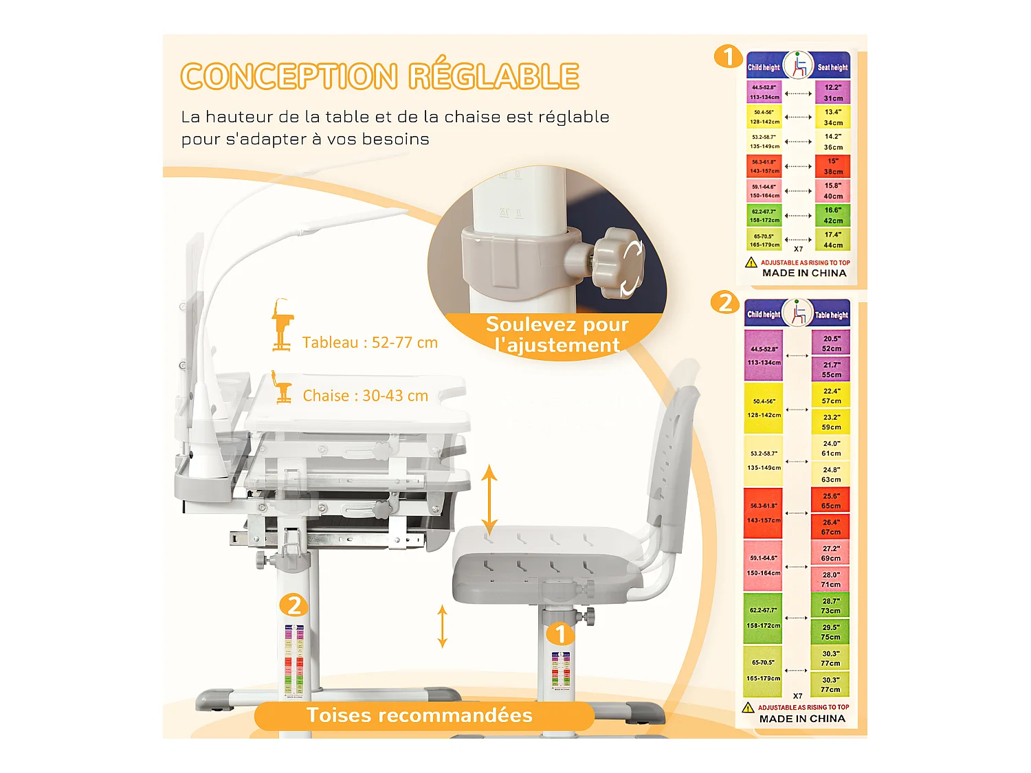 Bureau enfant avec chaise - ensemble bureau et chaise réglable - lampe, support de lecture, tablette coulissante multi-rangement - gris blanc