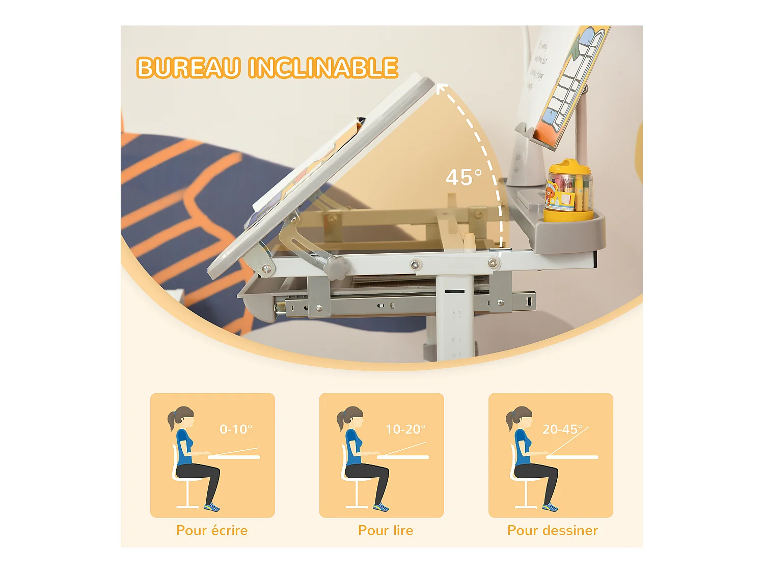 Bureau enfant avec chaise - ensemble bureau et chaise réglable - lampe, support de lecture, tablette coulissante multi-rangement - gris blanc