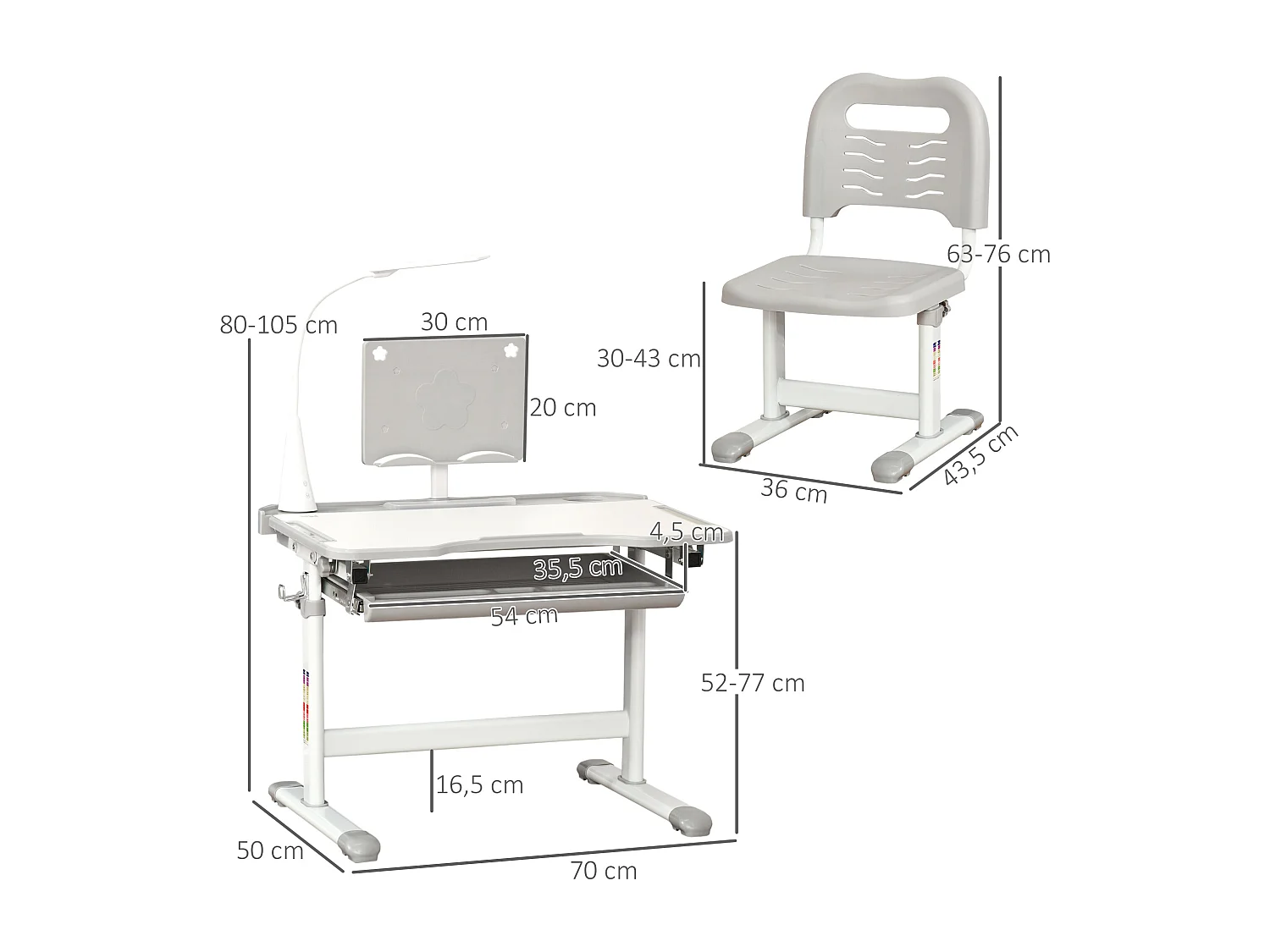 Bureau enfant avec chaise - ensemble bureau et chaise réglable - lampe, support de lecture, tablette coulissante multi-rangement - gris blanc