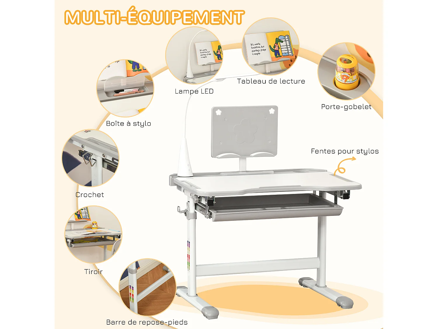 Bureau enfant avec chaise - ensemble bureau et chaise réglable - lampe, support de lecture, tablette coulissante multi-rangement - gris blanc