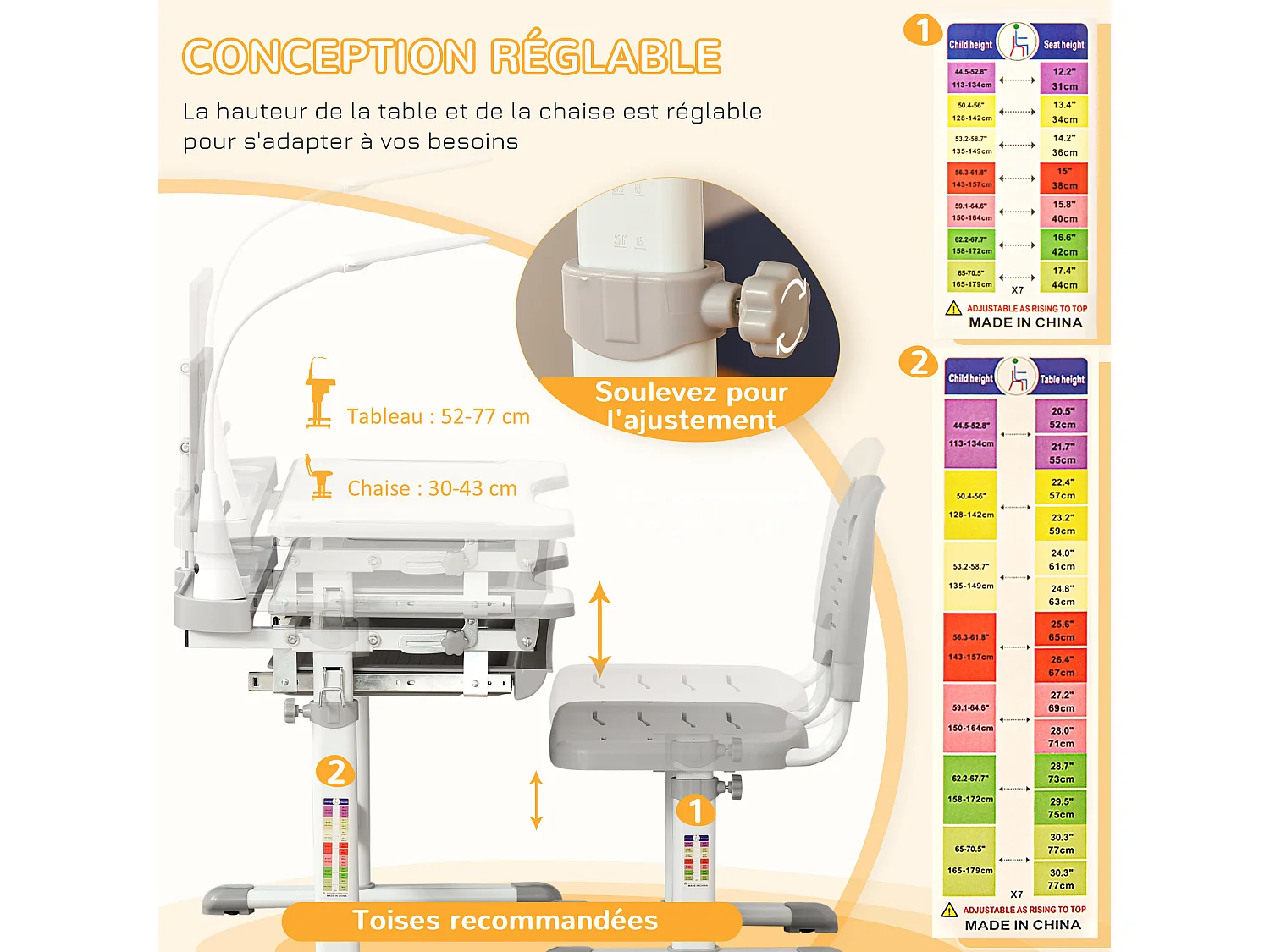 Bureau enfant avec chaise - ensemble bureau et chaise réglable - lampe, support de lecture, tablette coulissante multi-rangement - gris blanc