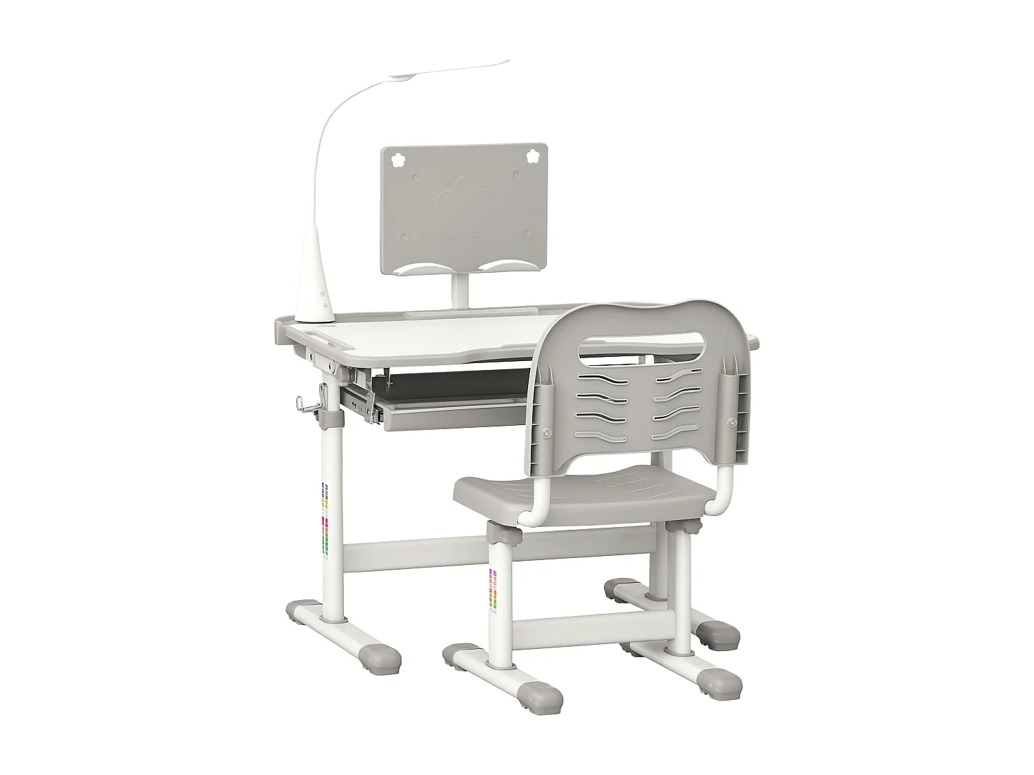 Bureau enfant avec chaise - ensemble bureau et chaise réglable - lampe, support de lecture, tablette coulissante multi-rangement - gris blanc