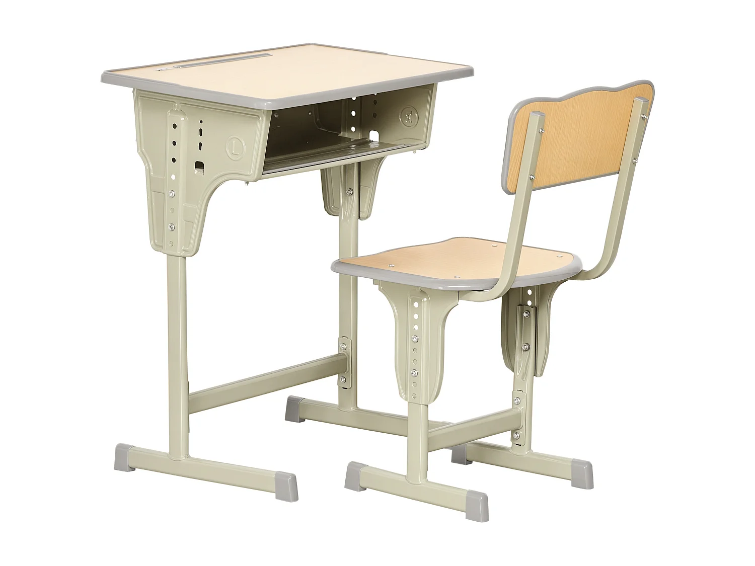 HOMCOM Bureau enfant Vintage tyle pupitre d'écolier - enemble bureau et chaie réglable - cae de rangement, bracket, range-tylo - acier kaki MDF apect boi clair