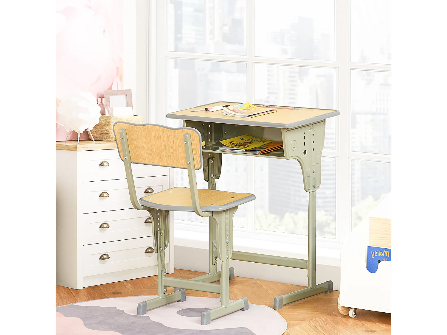 HOMCOM Bureau enfant Vintage tyle pupitre d'écolier - enemble bureau et chaie réglable - cae de rangement, bracket, range-tylo - acier kaki MDF apect boi clair