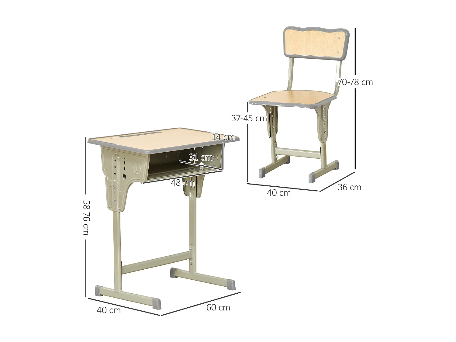 HOMCOM Bureau enfant Vintage style pupitre d'écolier - ensemble bureau et chaise réglable - case de rangement, bracket, range-stylos - acier kaki MDF aspect bois clair