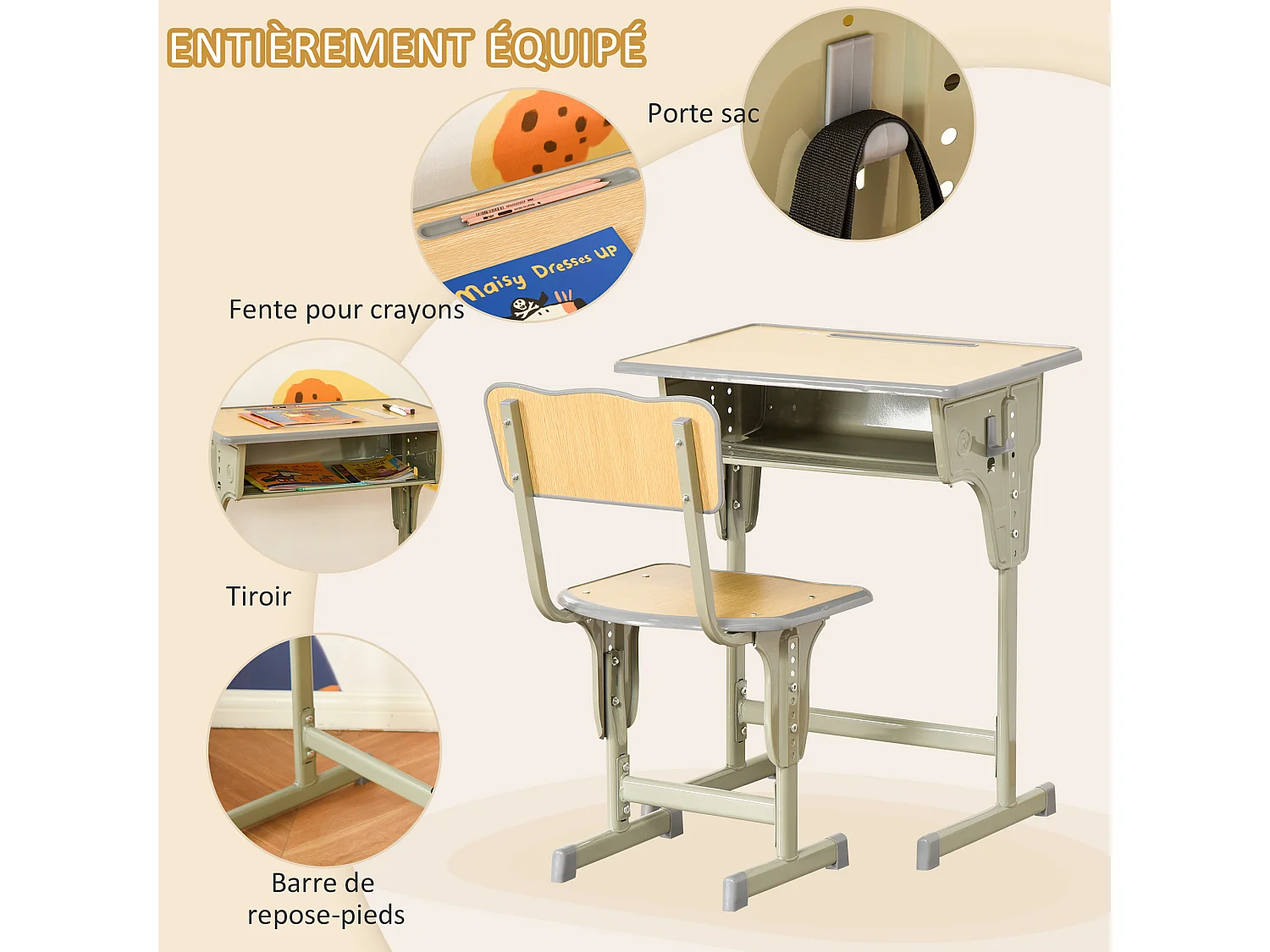 HOMCOM Bureau enfant Vintage style pupitre d'écolier - ensemble bureau et chaise réglable - case de rangement, bracket, range-stylos - acier kaki MDF aspect bois clair