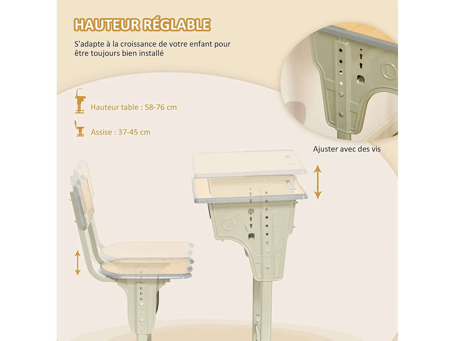 HOMCOM Bureau enfant Vintage style pupitre d'écolier - ensemble bureau et chaise réglable - case de rangement, bracket, range-stylos - acier kaki MDF aspect bois clair