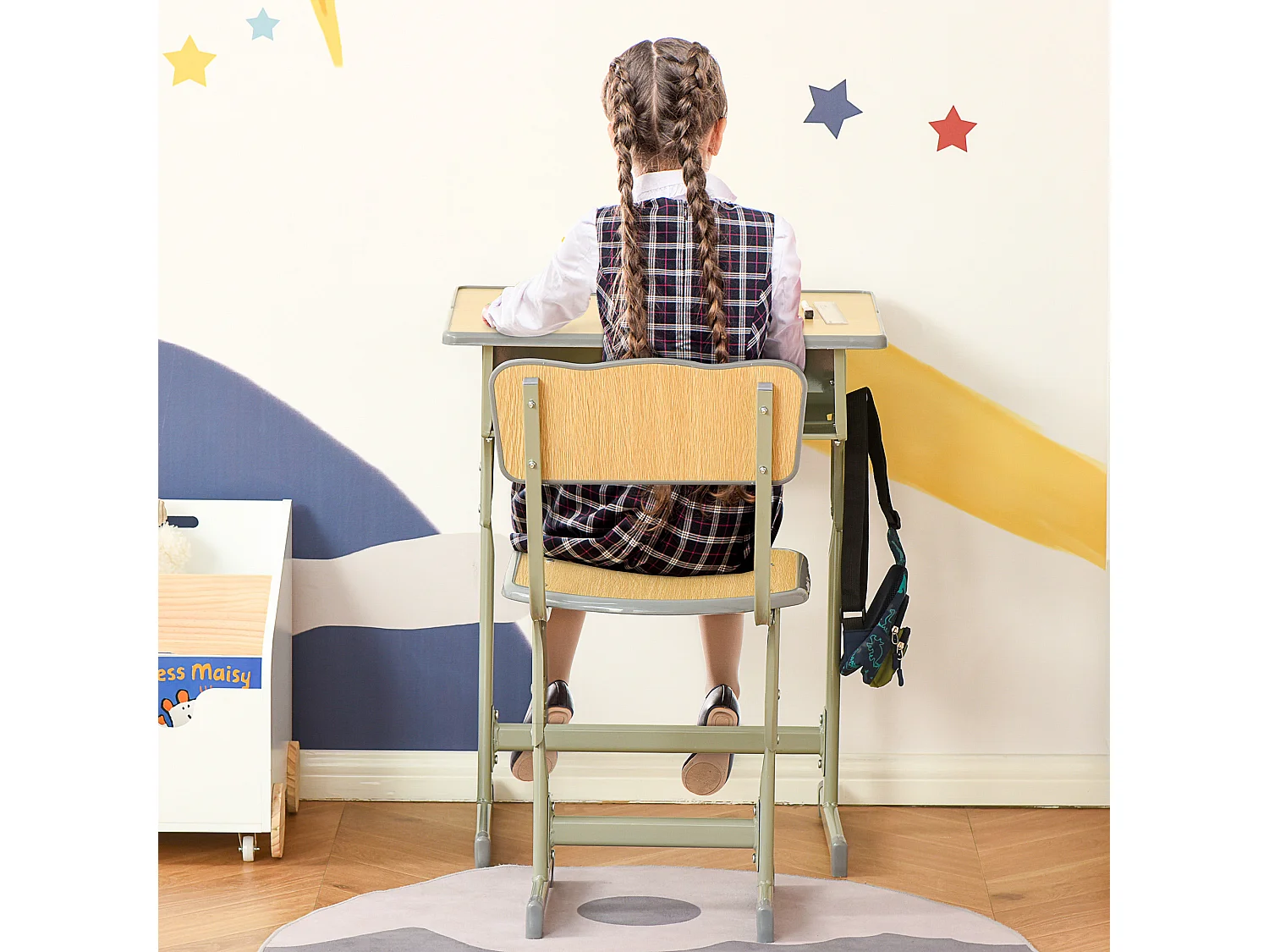 HOMCOM Bureau enfant Vintage style pupitre d'écolier - ensemble bureau et chaise réglable - case de rangement, bracket, range-stylos - acier kaki MDF aspect bois clair