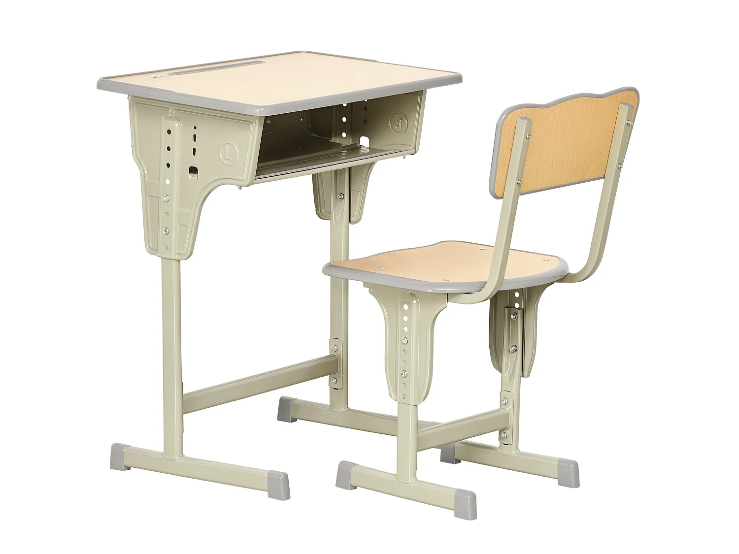 HOMCOM Bureau enfant Vintage style pupitre d'écolier - ensemble bureau et chaise réglable - case de rangement, bracket, range-stylos - acier kaki MDF aspect bois clair