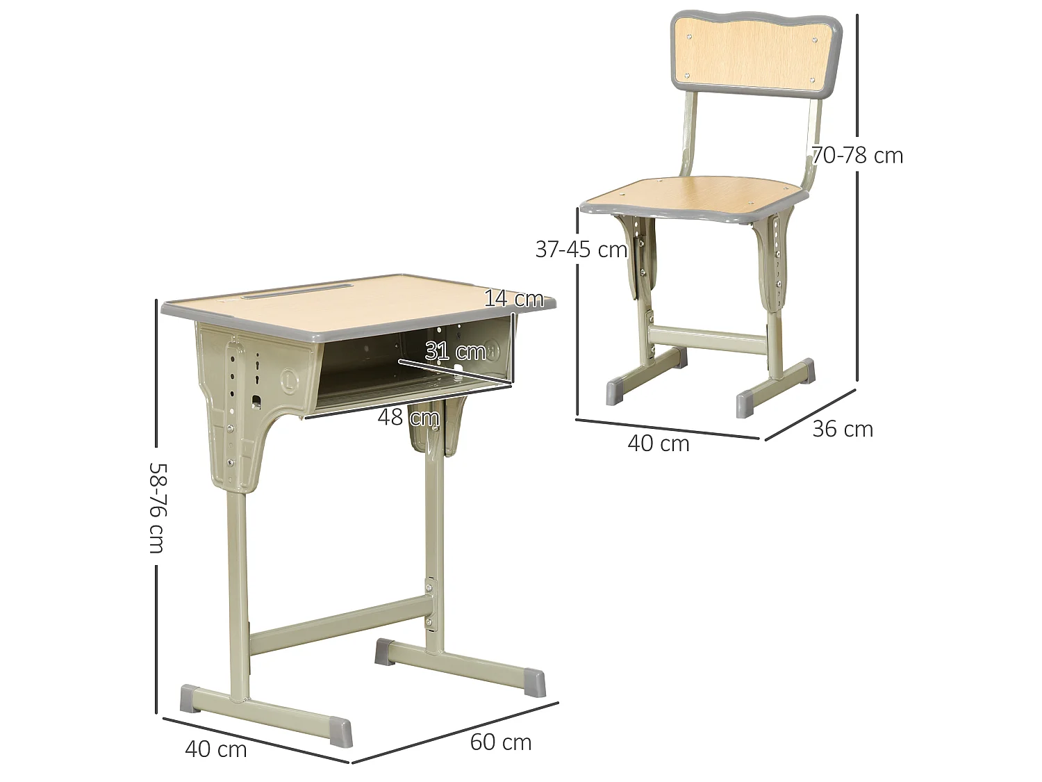 HOMCOM Bureau enfant Vintage style pupitre d'écolier - ensemble bureau et chaise réglable - case de rangement, bracket, range-stylos - acier kaki MDF aspect bois clair