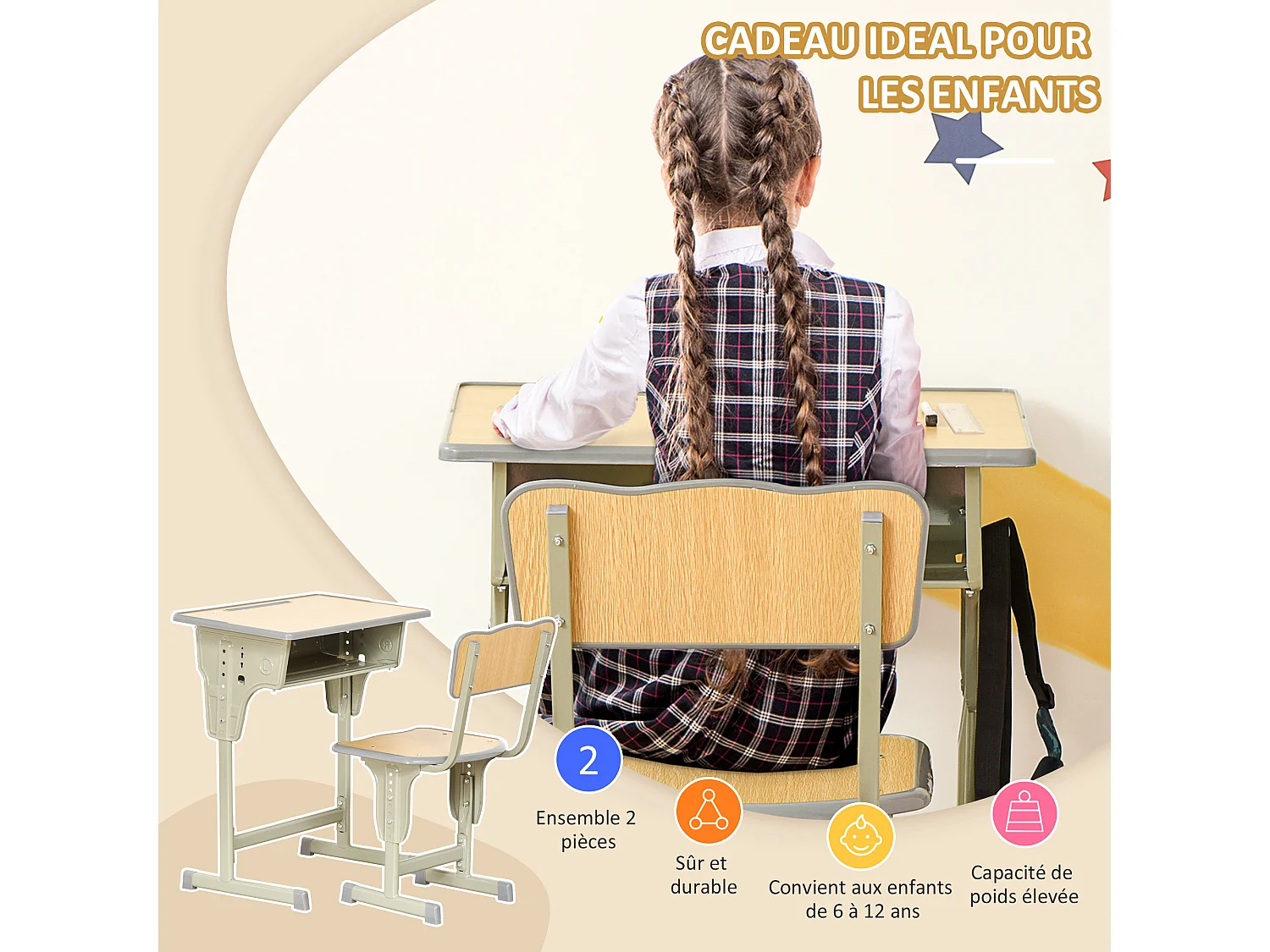 HOMCOM Bureau enfant Vintage style pupitre d'écolier - ensemble bureau et chaise réglable - case de rangement, bracket, range-stylos - acier kaki MDF aspect bois clair
