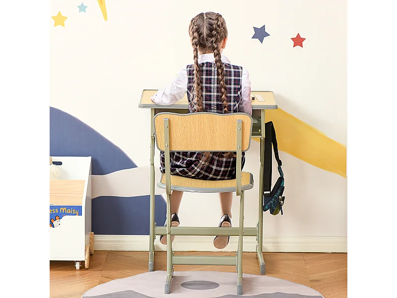HOMCOM Bureau enfant Vintage tyle pupitre d'écolier - enemble bureau et chaie réglable - cae de rangement, bracket, range-tylo - acier kaki MDF apect boi clair