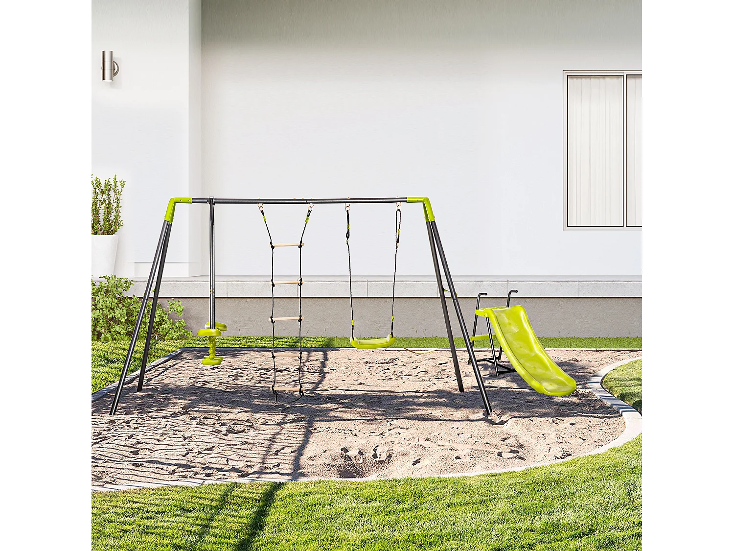 Balançoire 4 agrès portique avec balançoire, échelle, face à face, toboggan acier époxy anthracite PE vert pomme