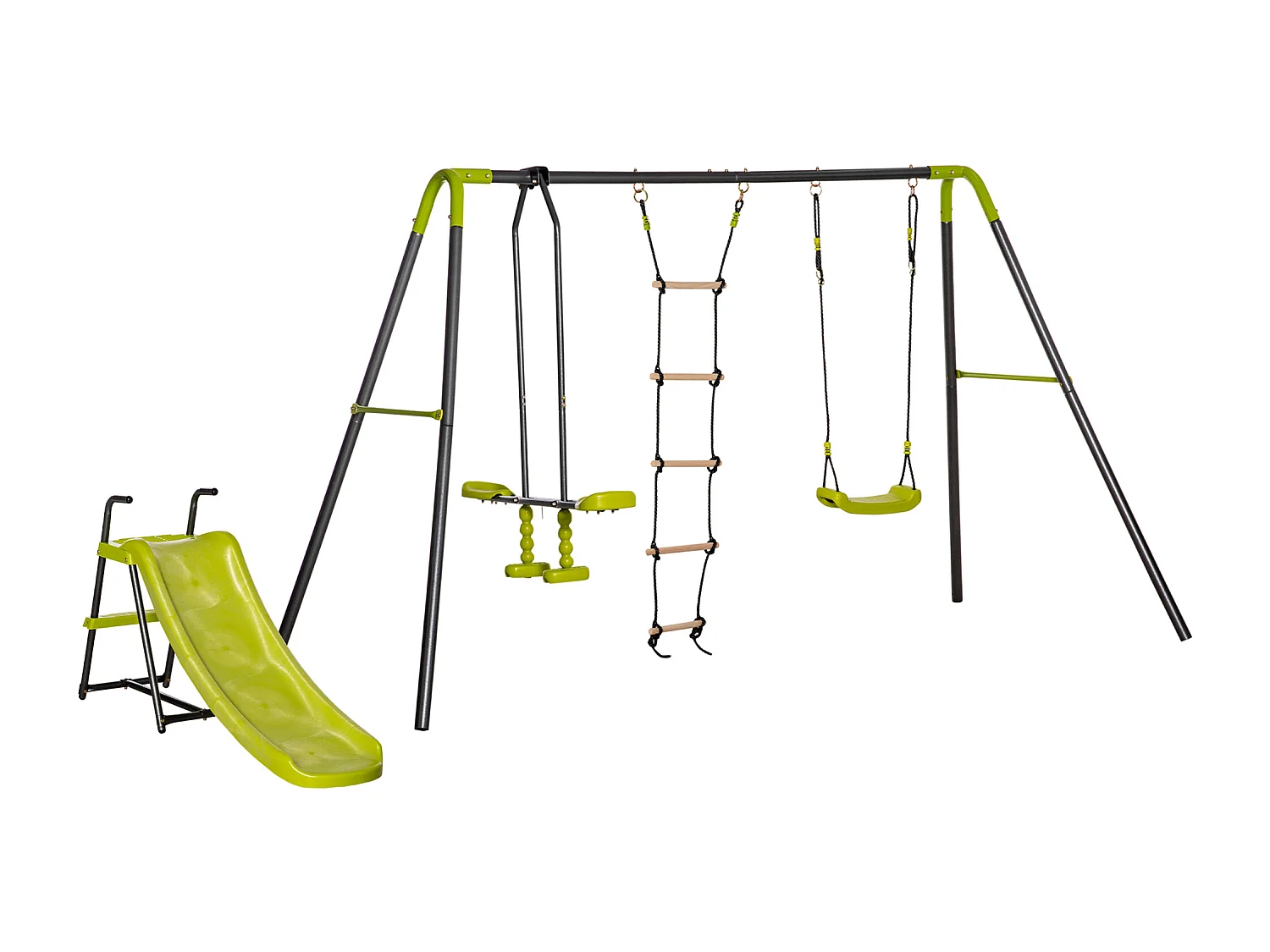 Balançoire 4 agrès portique avec balançoire, échelle, face à face, toboggan acier époxy anthracite PE vert pomme