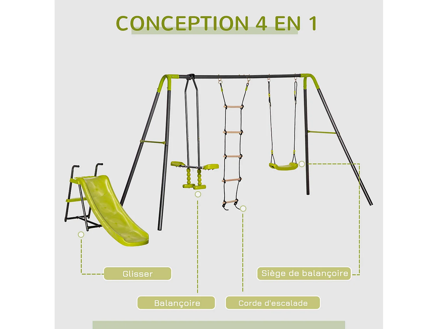 Balançoire 4 agrès portique avec balançoire, échelle, face à face, toboggan acier époxy anthracite PE vert pomme