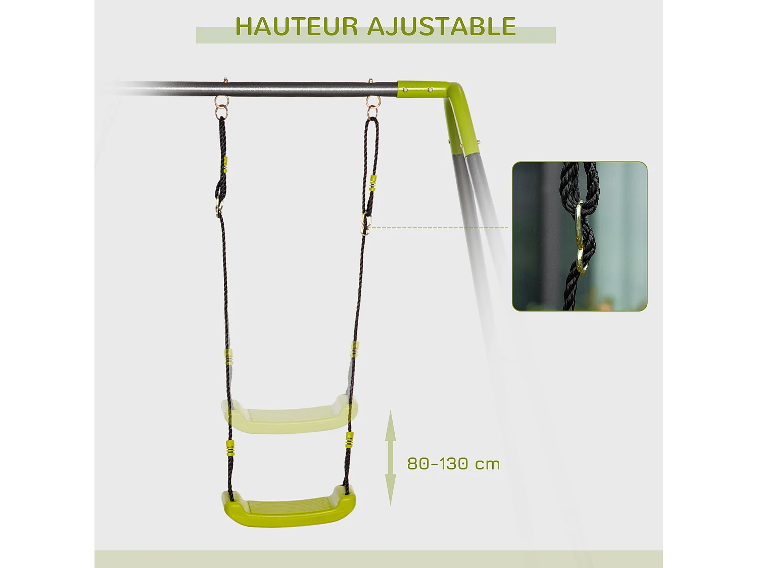 Balançoire 4 agrès portique avec balançoire, échelle, face à face, toboggan acier époxy anthracite PE vert pomme