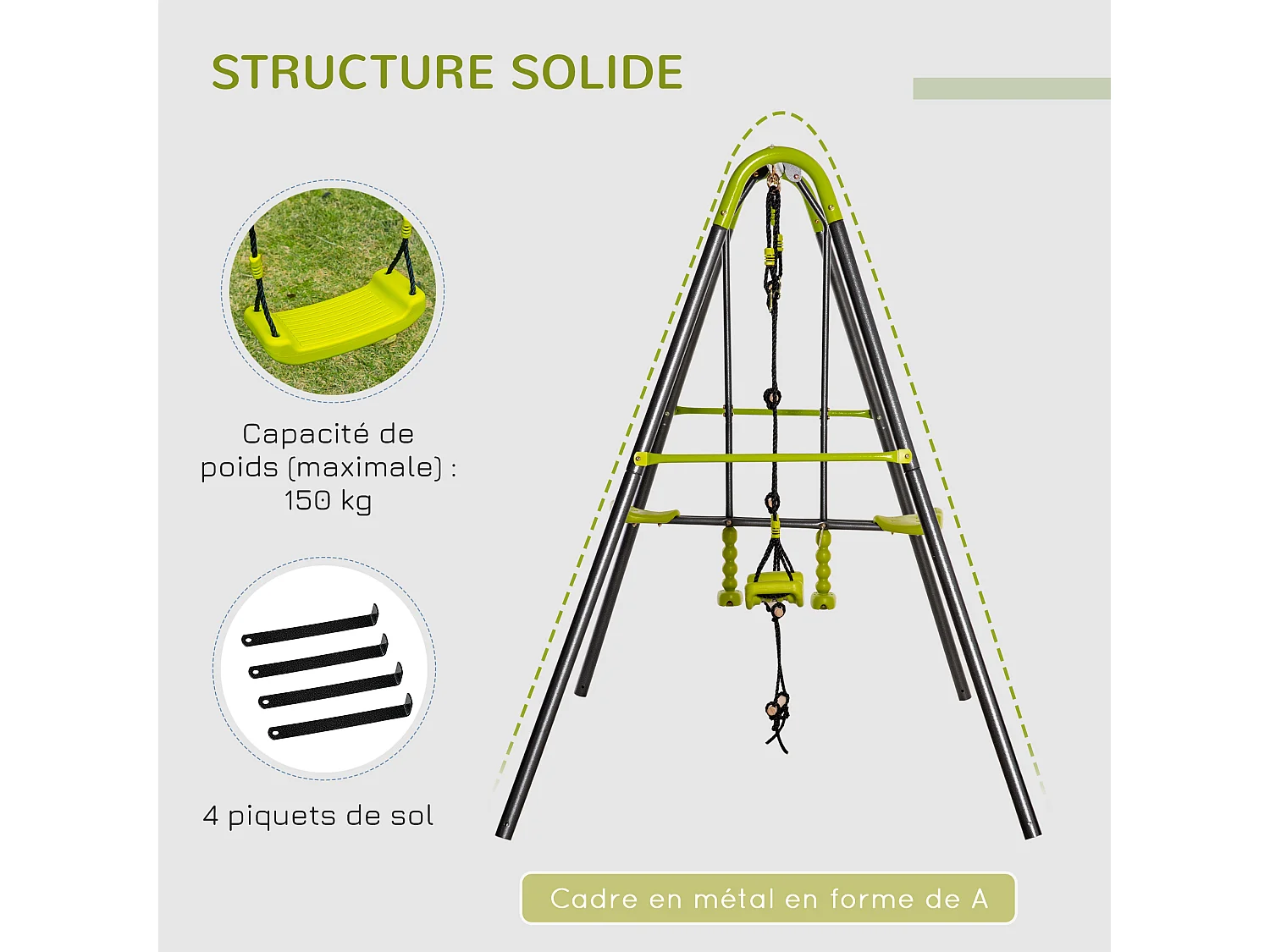 Balançoire 4 agrès portique avec balançoire, échelle, face à face, toboggan acier époxy anthracite PE vert pomme