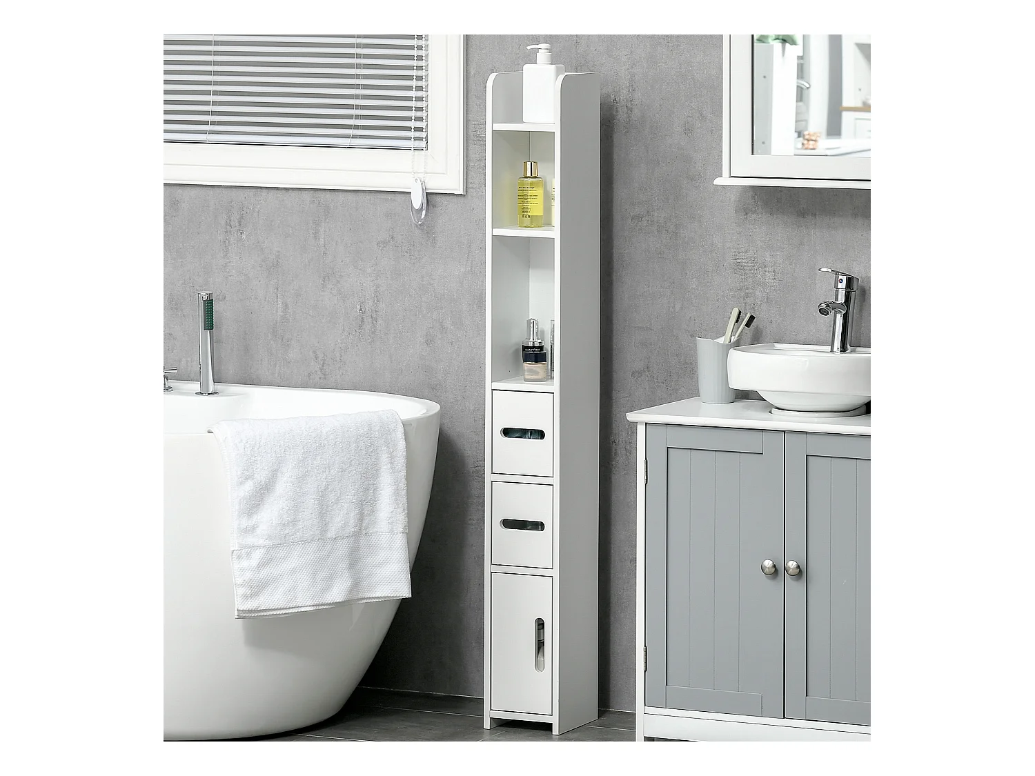 Meuble bas colonne rangement salle de bain WC 3 portes 2 niches étagère blanc