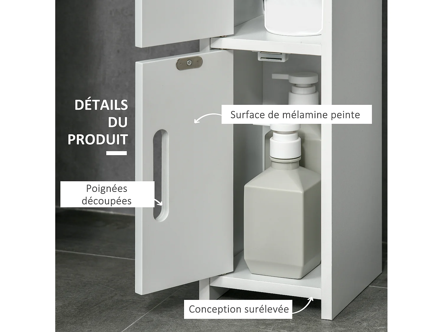 Meuble bas colonne rangement salle de bain WC 3 portes 2 niches étagère blanc